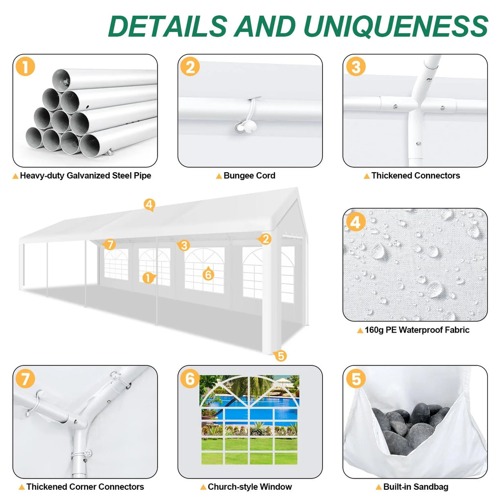 10 x 30 Canopy Tent Heavy Duty, 10x30 Party Tent with Removable Sidewalls & 4 Built-in Sandbags, Wedding Tent UV 50+，Waterproof