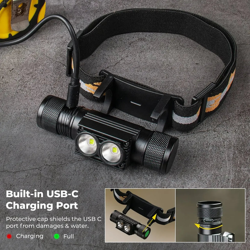 H25L USB Rechargeable 1000LM Headlamp with 18650 Battery Dual 5000K Flashlight Camping Fishing