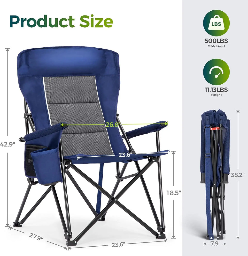Oversized Folding Camping Chair High Back Heavy Duty 500 LBS Capacity with Cup Holder Side Pocket Portable