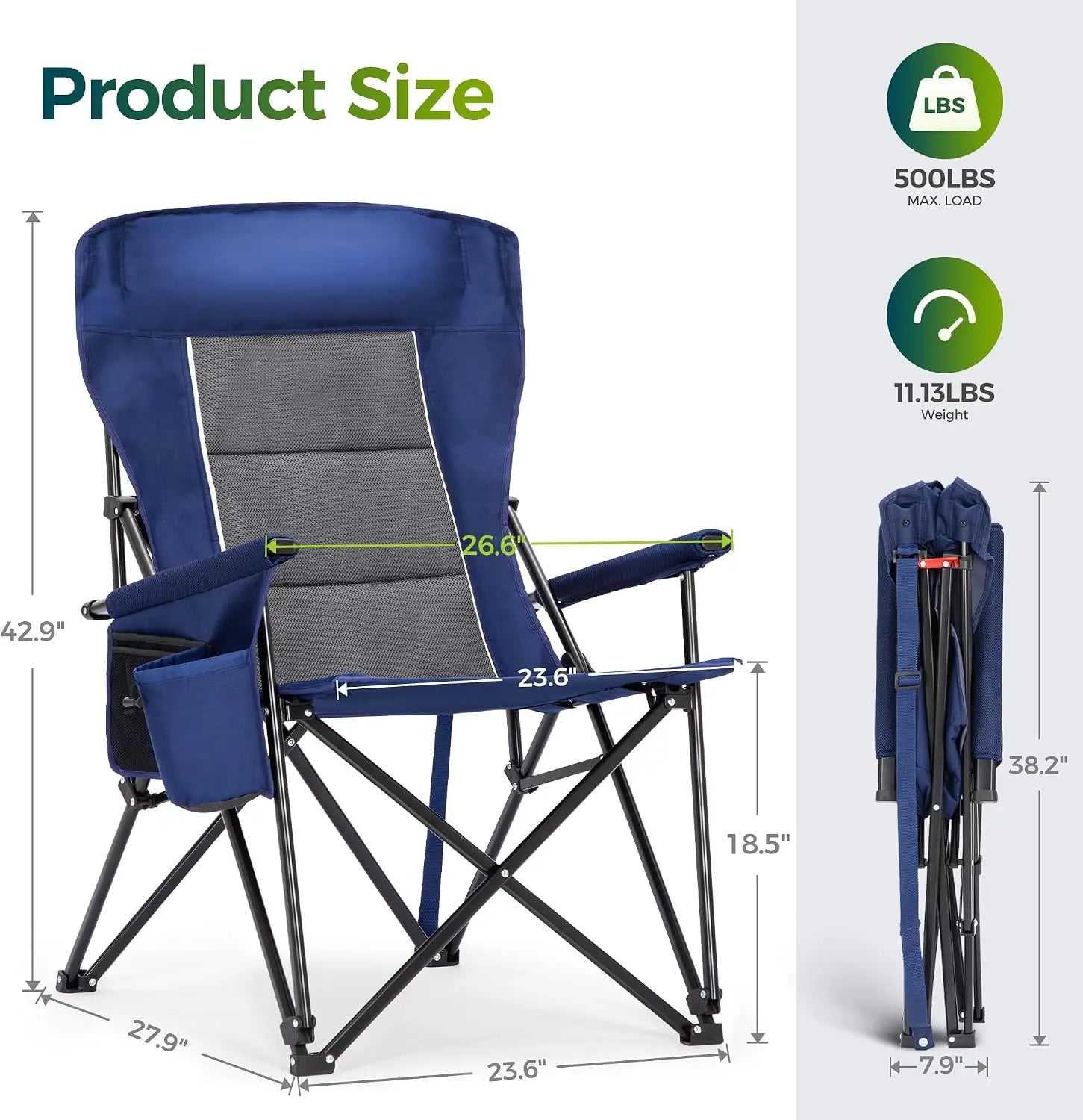 Oversized Folding Camping Chair High Back Heavy Duty 500 LBS Capacity with Cup Holder Side Pocket Portable