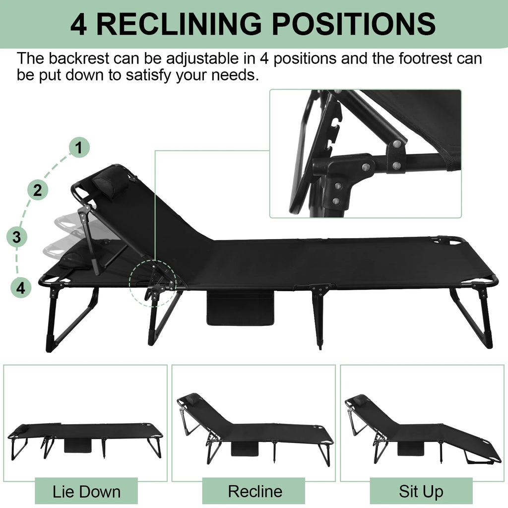 Portable Folding Camping Cot - 3-Position Adjustable Reclining Lounge Chair with Pillow