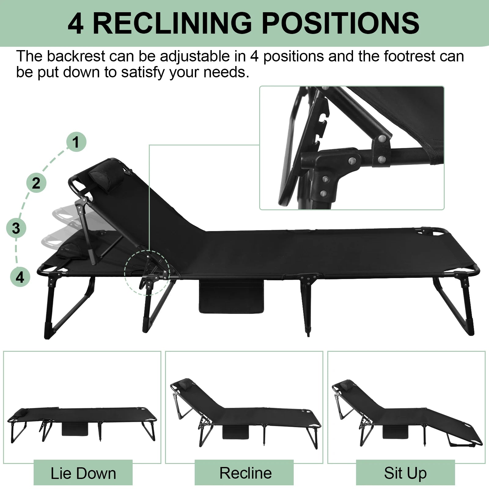 Portable Folding Camping Cot - 3-Position Adjustable Reclining Lounge Chair with Pillow