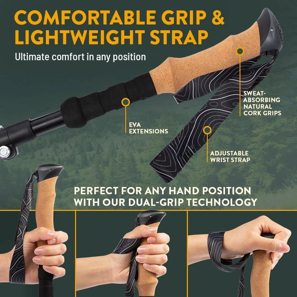 Foldable Adjustable Trekking Poles Aircraft Grade Aluminum Shaft With Metal Lock System Cork & EVA Hybrid Grips For Mountaineering Backpacking
