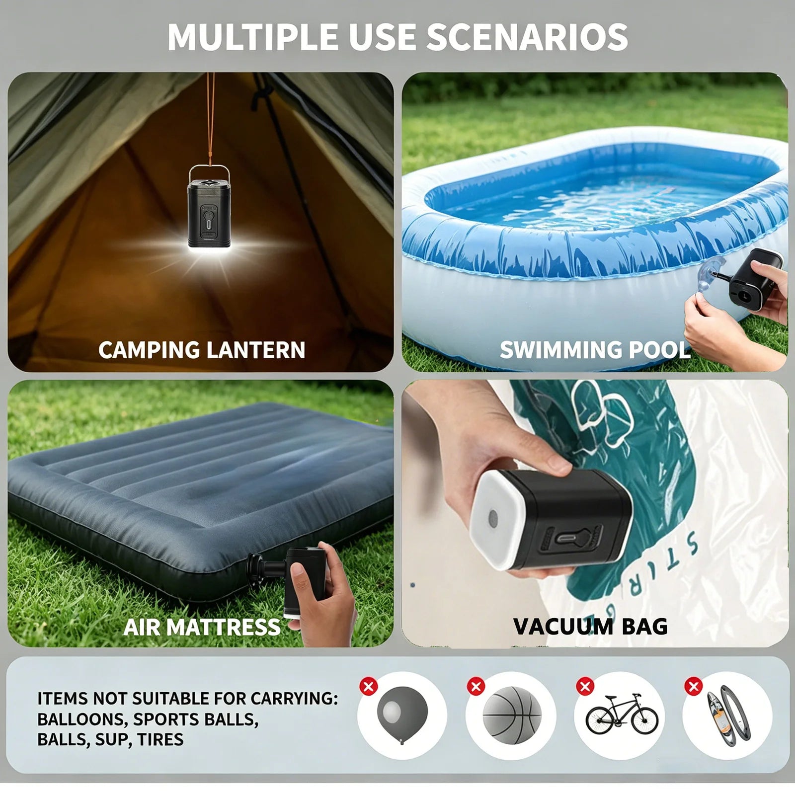 Portable Rechargeable Air Pump 5 Nozzles Electric Inflator with LED Light Type-C USB for Pool Mattress Swimming Ring