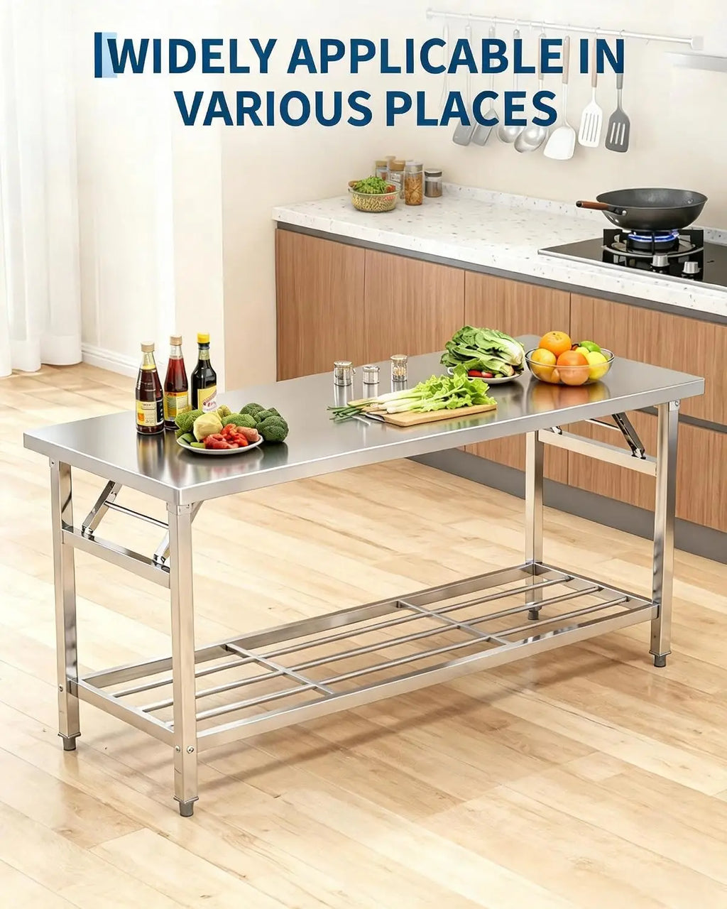 Stainless Steel Folding Prep Table with Undershelf for Home 700 lbs heavy load foldable portable design anti-slip adjustable legs