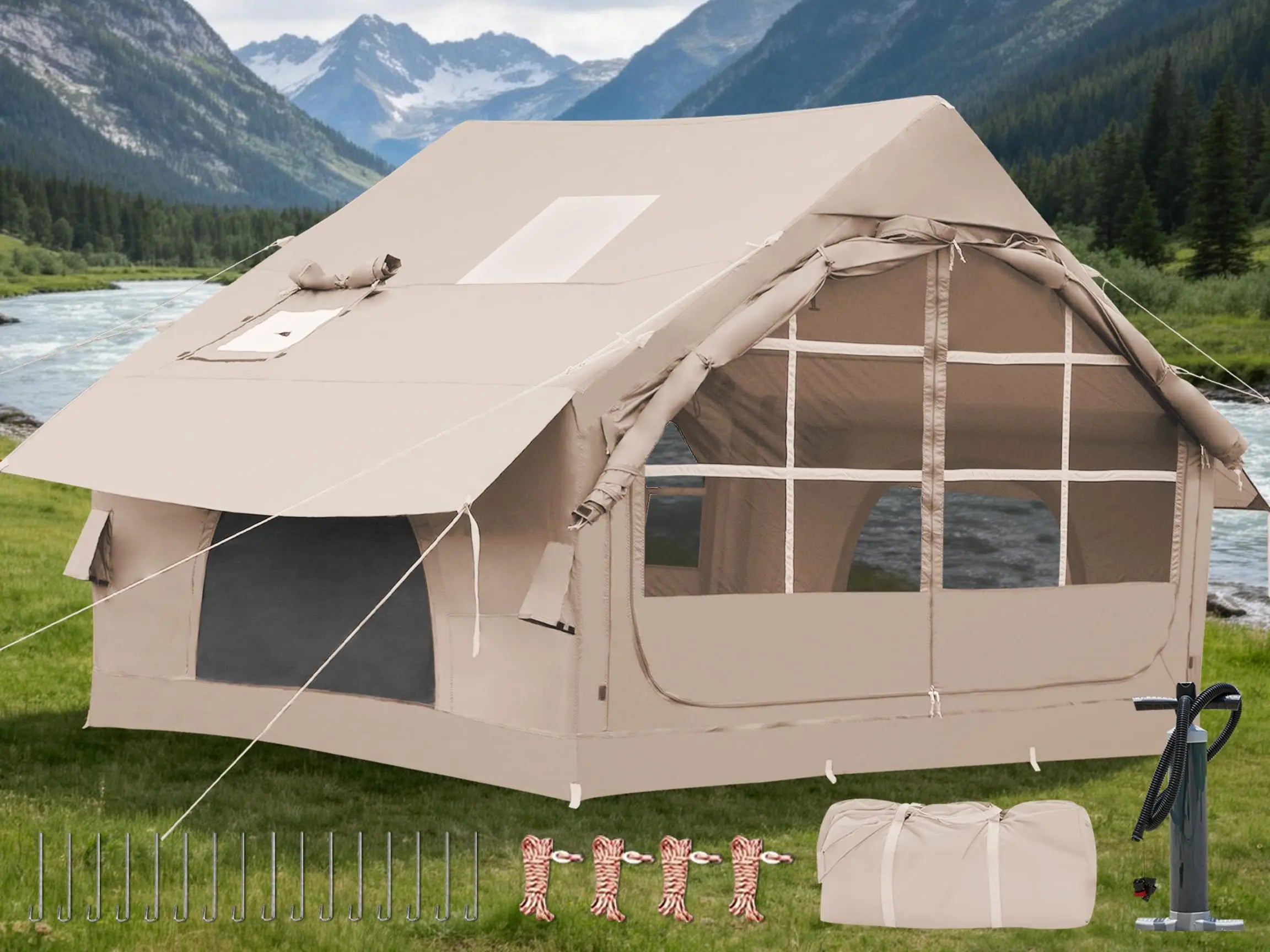 Inflatable Camping Tent With Awning Quick Setup Waterproof Oxford Tent For Adults