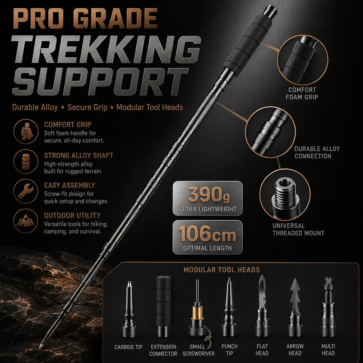 Adjustable 106CM Outdoor Walking Stick, Telescopic Lightweight Hiking Trekking Pole, Non Slip Comfort Grip Outdoor Adventures
