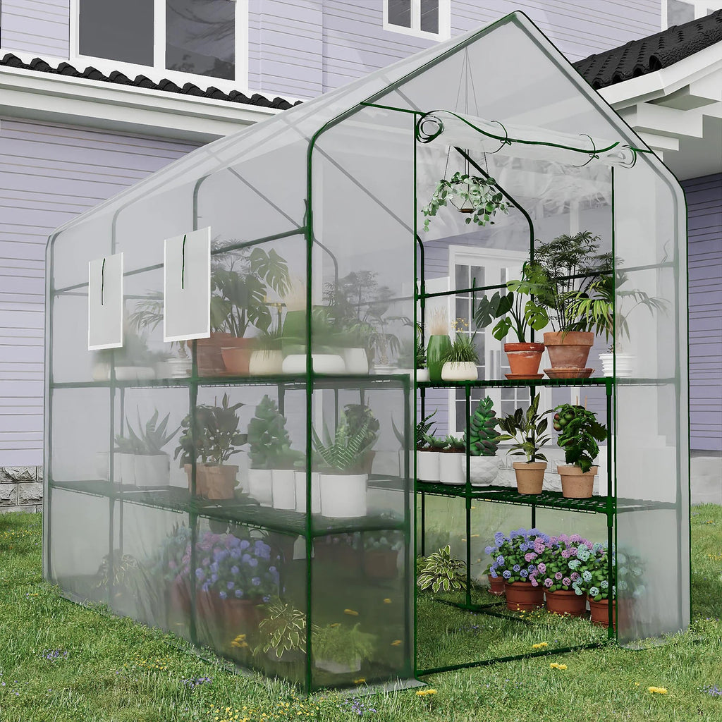 57x85x77in Walk-In Greenhouse With 8 Shelves, PE Cover, Mesh Windows & Zipper Door, Heavy Duty Plant House