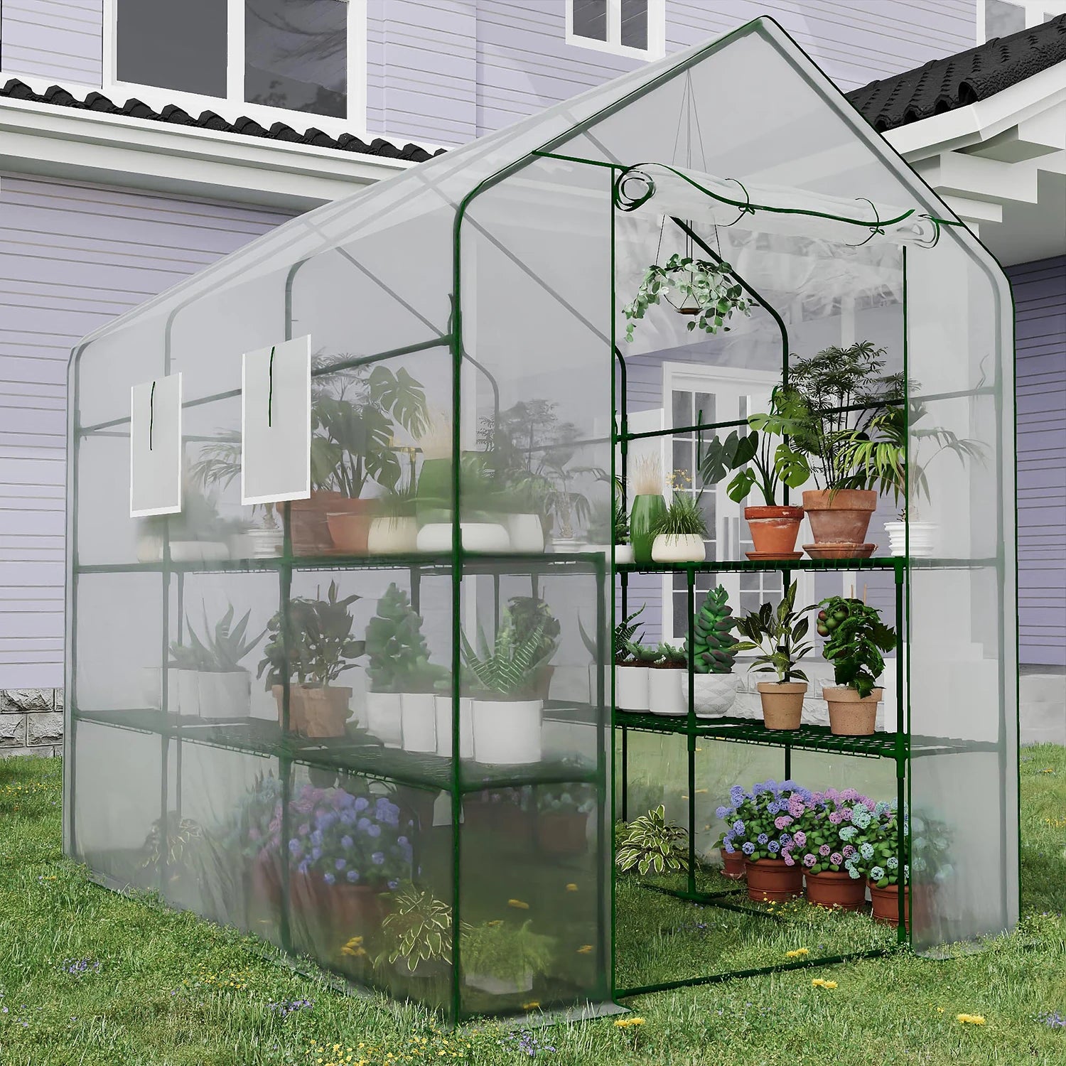 57x85x77in Walk-In Greenhouse With 8 Shelves, PE Cover, Mesh Windows & Zipper Door, Heavy Duty Plant House