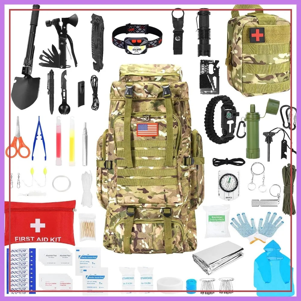 70L Camping Backpack with Survival Kit & First Aid Gear for Hiking Outdoor Adventure