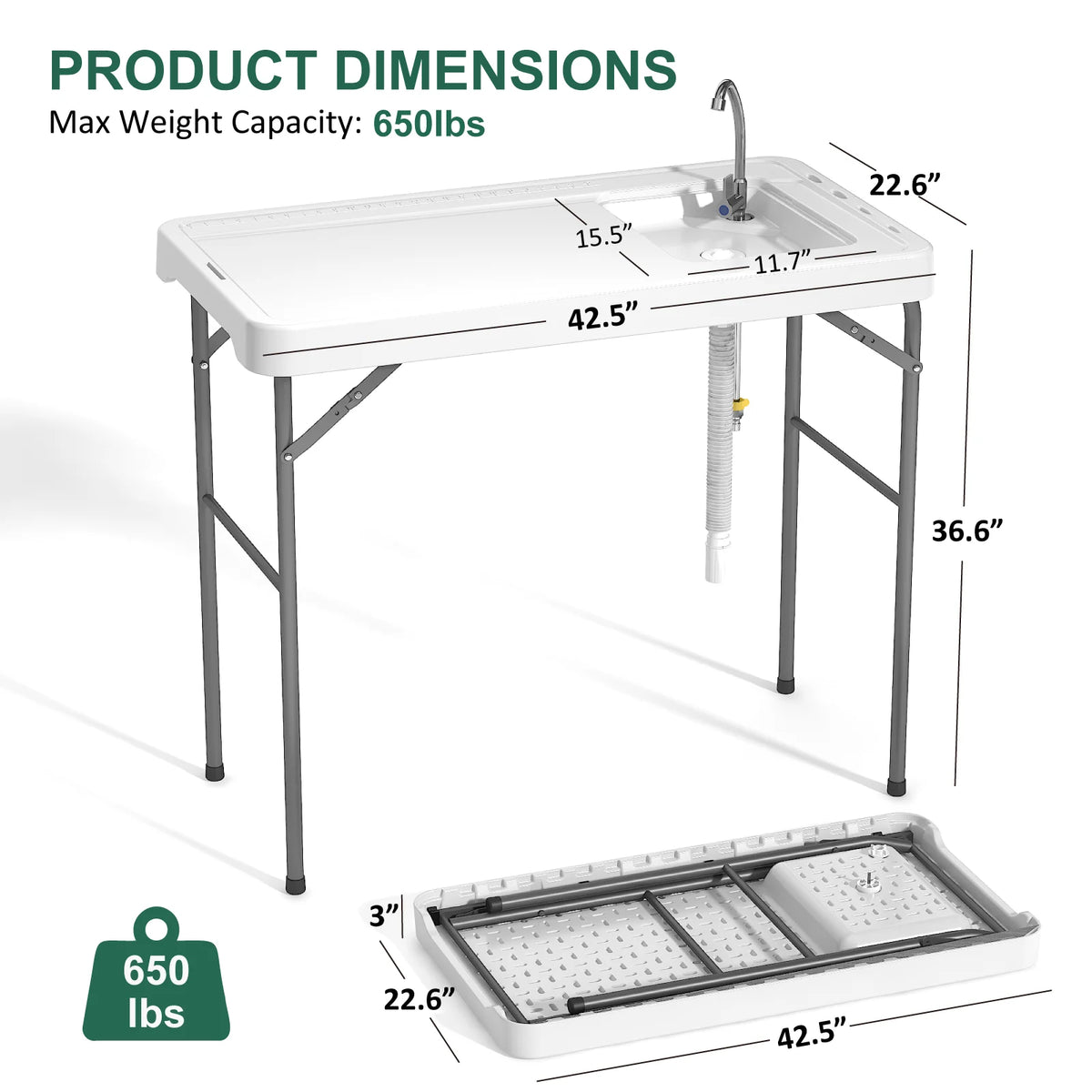 42.5" Fish Cleaning Table with Sink, Folding Camping Table & Fish Cleaning Station with Measuring Scale & Hose Hookup for Picnic, Beach, Dock & Patio