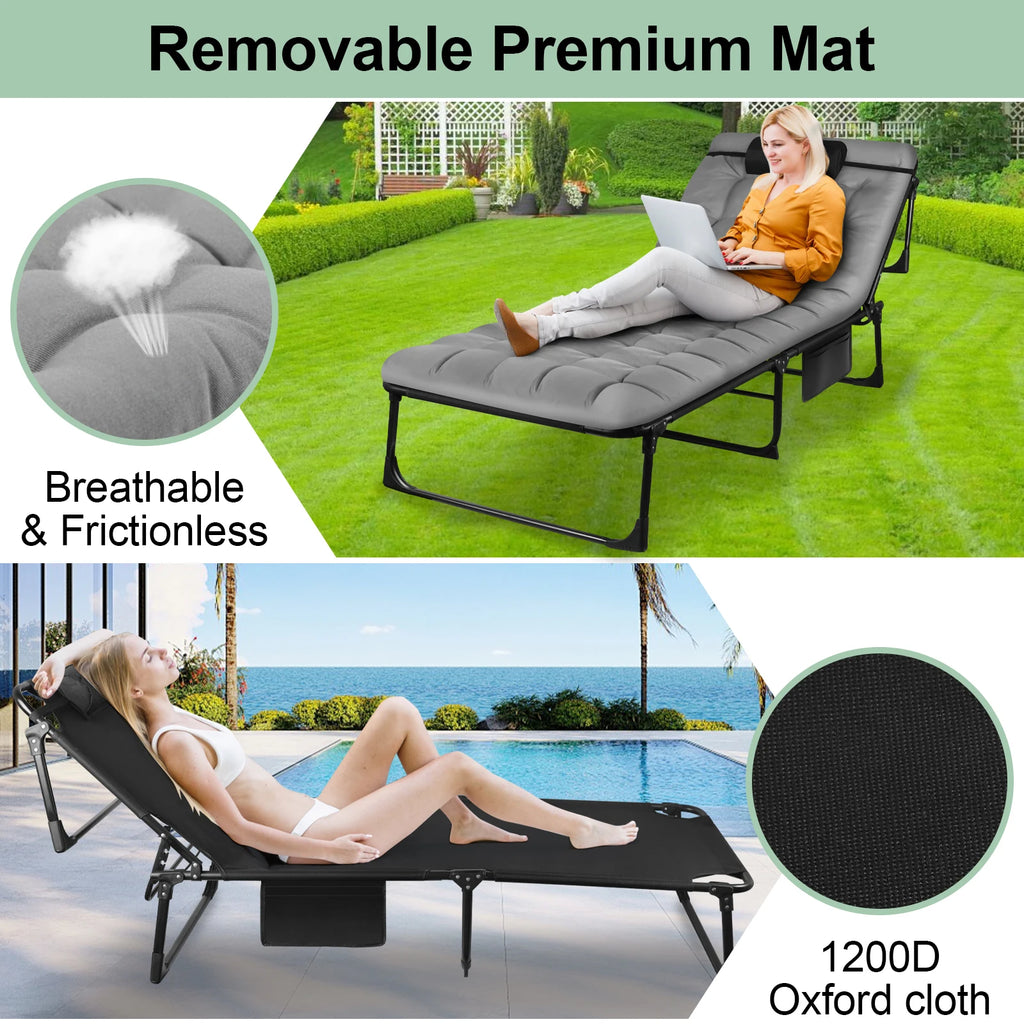 Portable Folding Camping Cot - 3-Position Adjustable Reclining Lounge Chair with Pillow