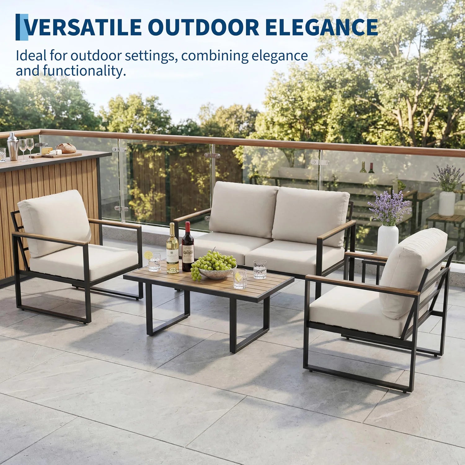 4-Piece Patio Furniture Set Outdoor Conversation Sectional Sofa With Coffee Table Thick Washable Cushions