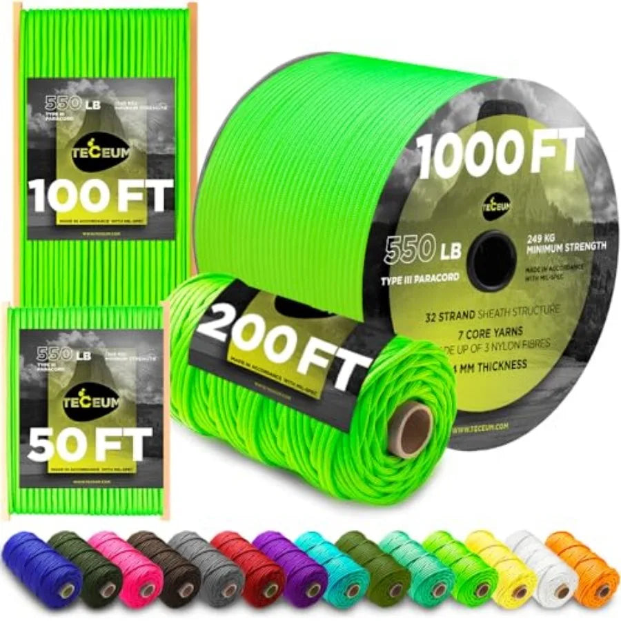 Paracord Type III 550 Neon Green 50 ft 4mm Tactical Rope MIL-SPEC Outdoor para Cord Camping Hiking Fishing Gear