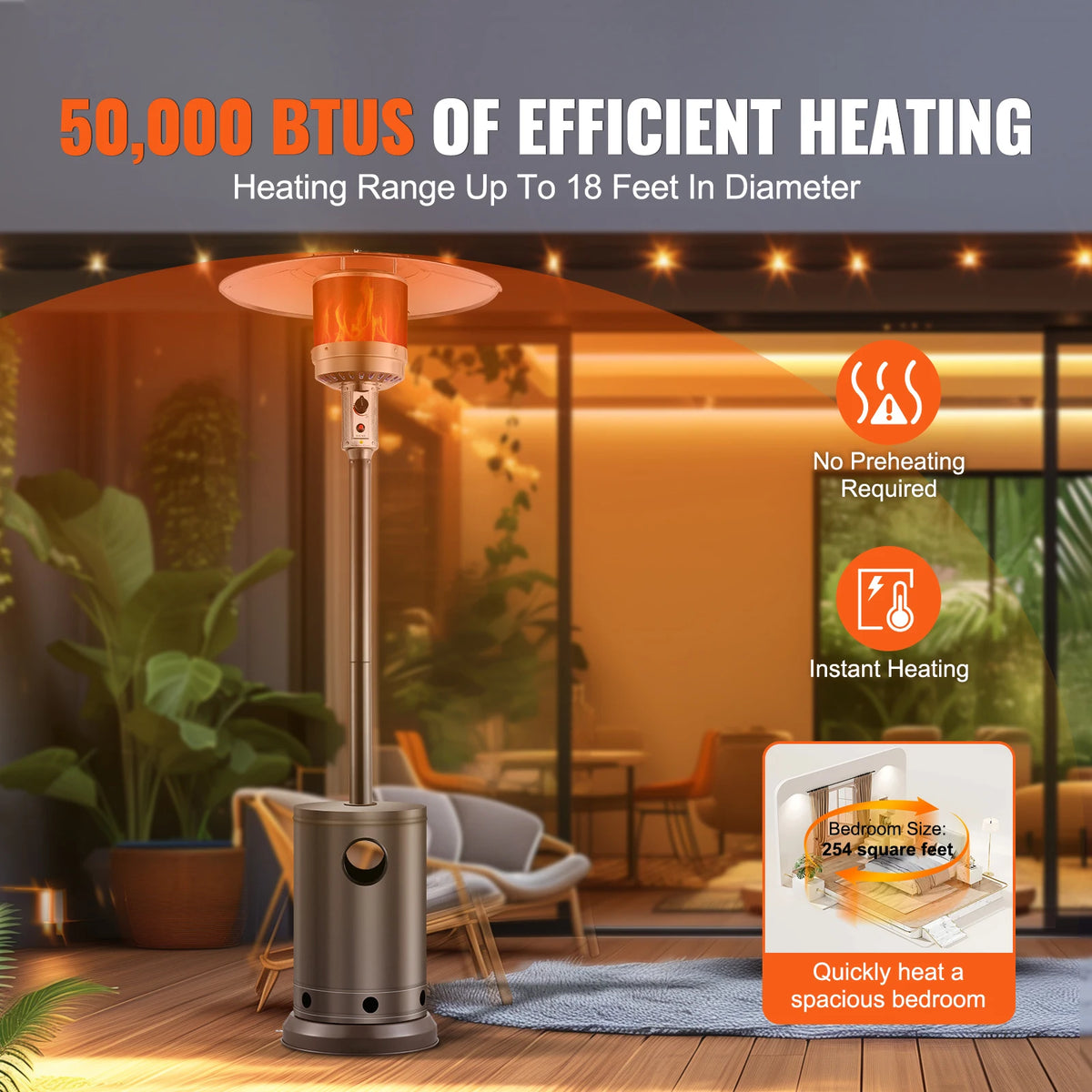 Patio Heater for Outdoor Use Tall Hammered With Round Table Design Metal Burner and Wheels Fixed Flame Heater for Patio