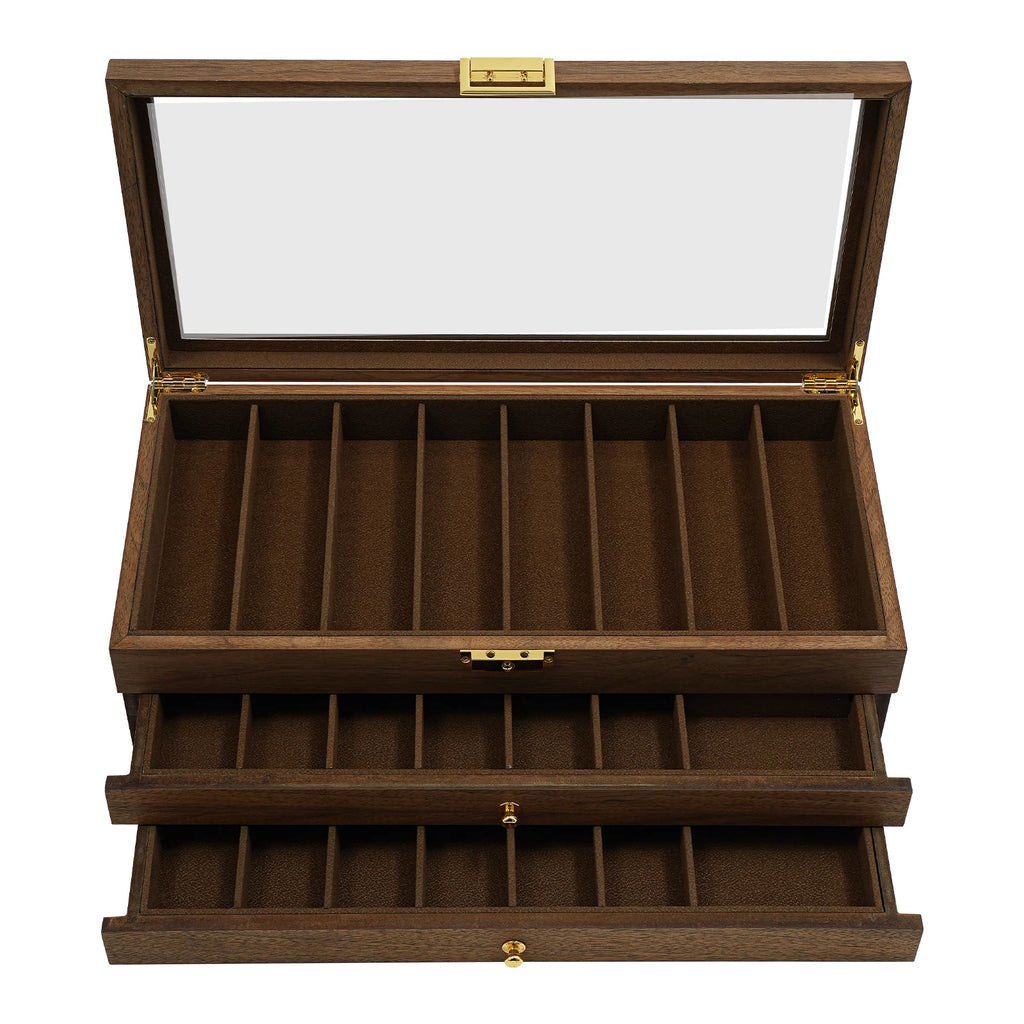 3-Tier Knife Storage Box with Lock & Glass Lid, 22 Compartments Walnut Camping Knives