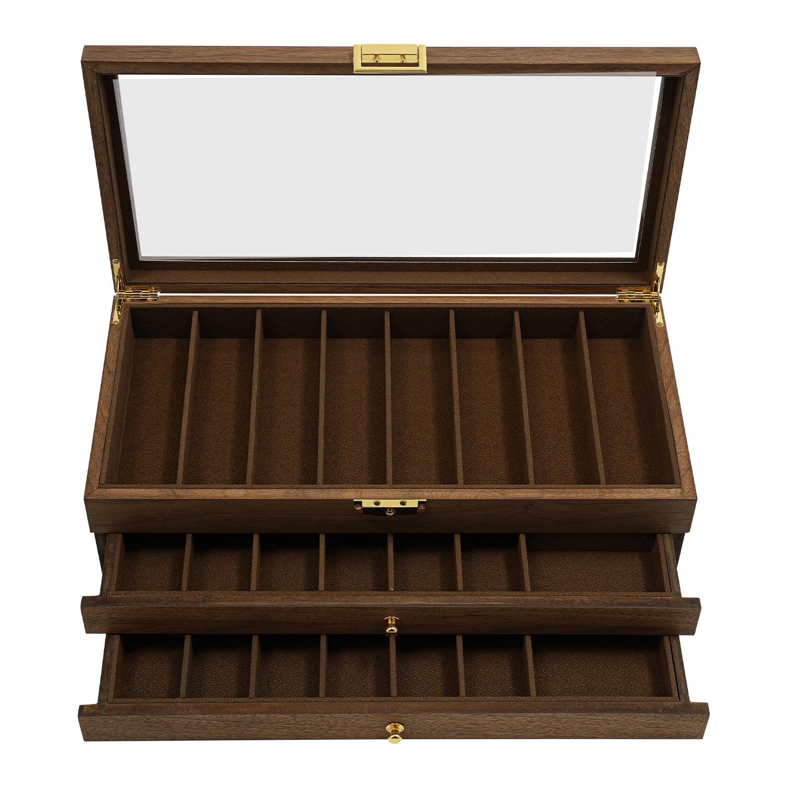 3-Tier Knife Storage Box with Lock & Glass Lid, 22 Compartments Walnut Camping Knives