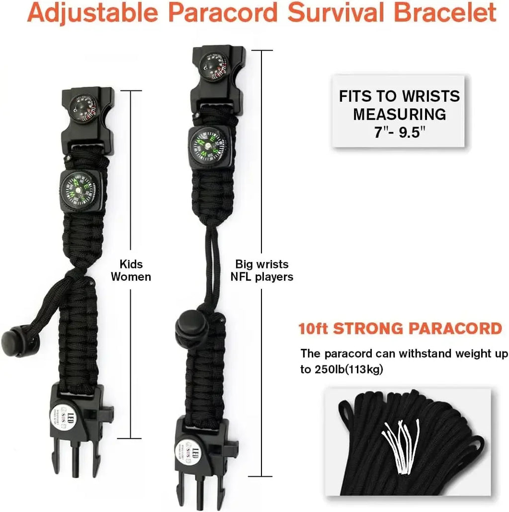 20-in-1 Survival Paracord Bracelet with SOS LED, Fire Starter, Compass, Whistle, for Camping Hiking Fishing