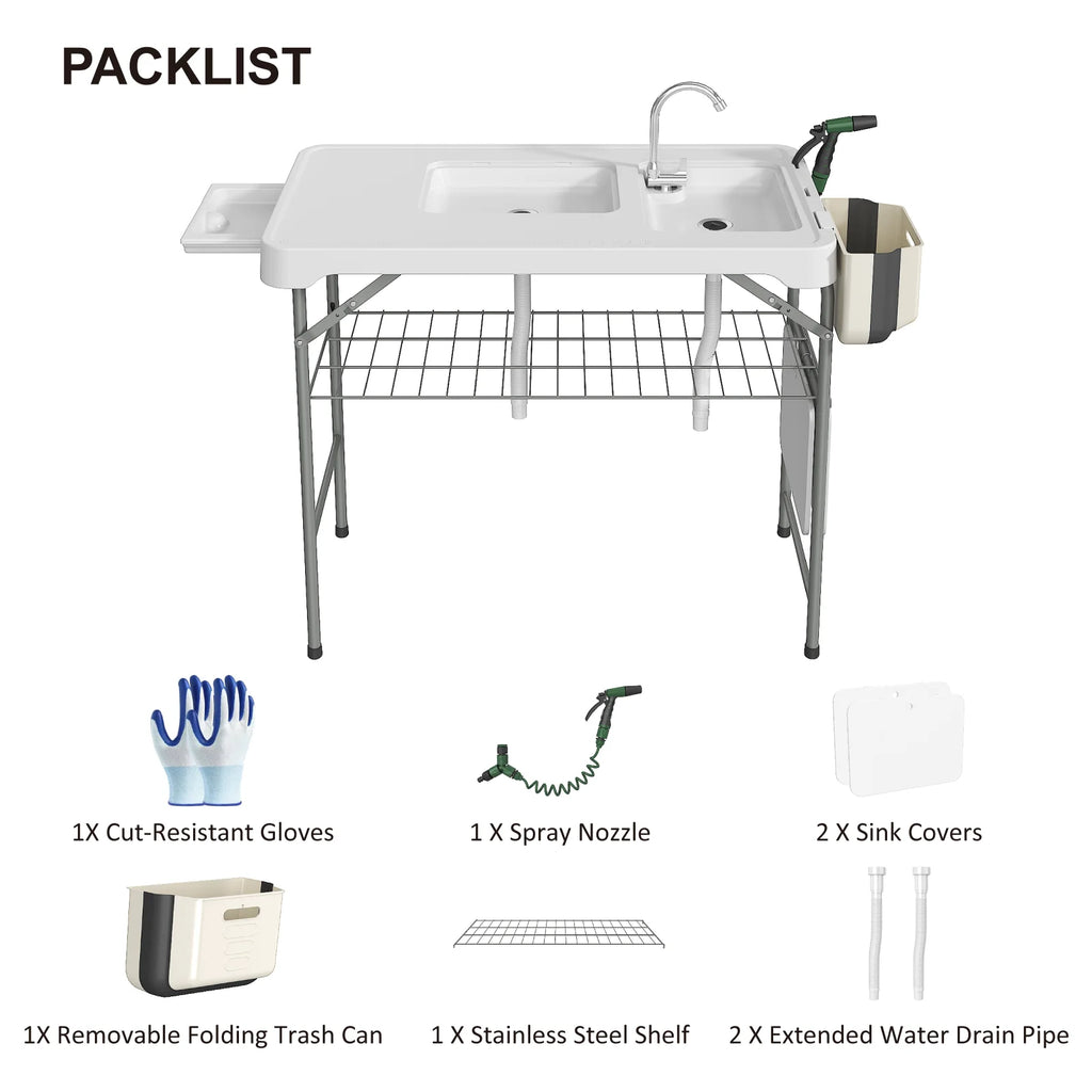 Folding Fish Cleaning Table with Sink, Portable Camping Sink Table, Outdoor Fillet Table for Picnic, Beach & Patio, White