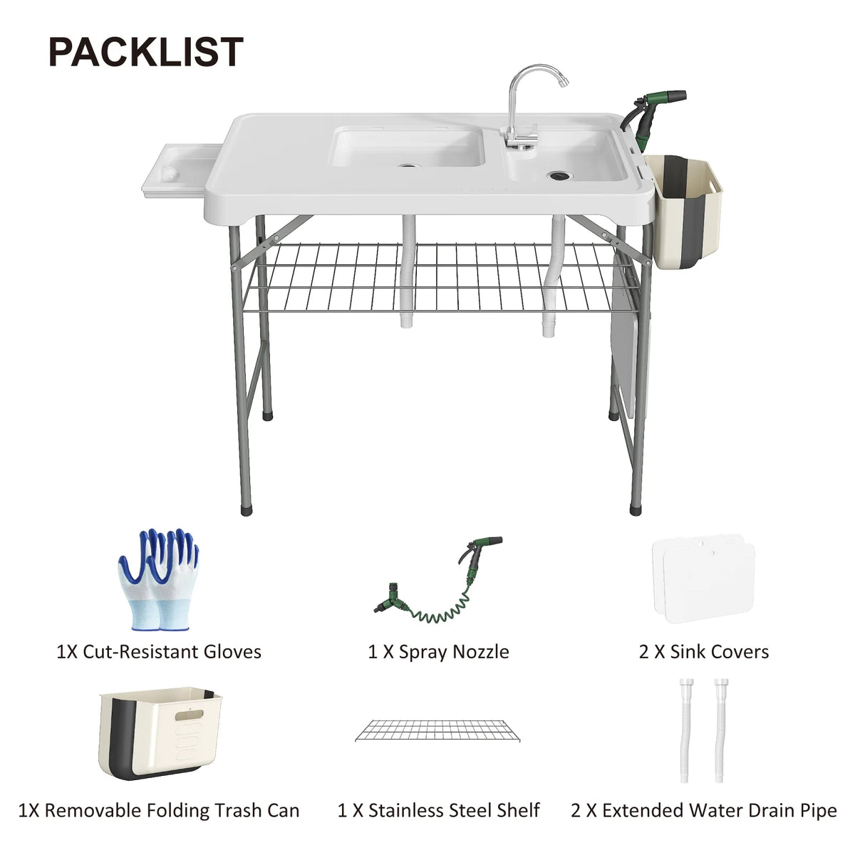 Folding Fish Cleaning Table with Sink, Portable Camping Sink Table, Outdoor Fillet Table for Picnic, Beach & Patio, White