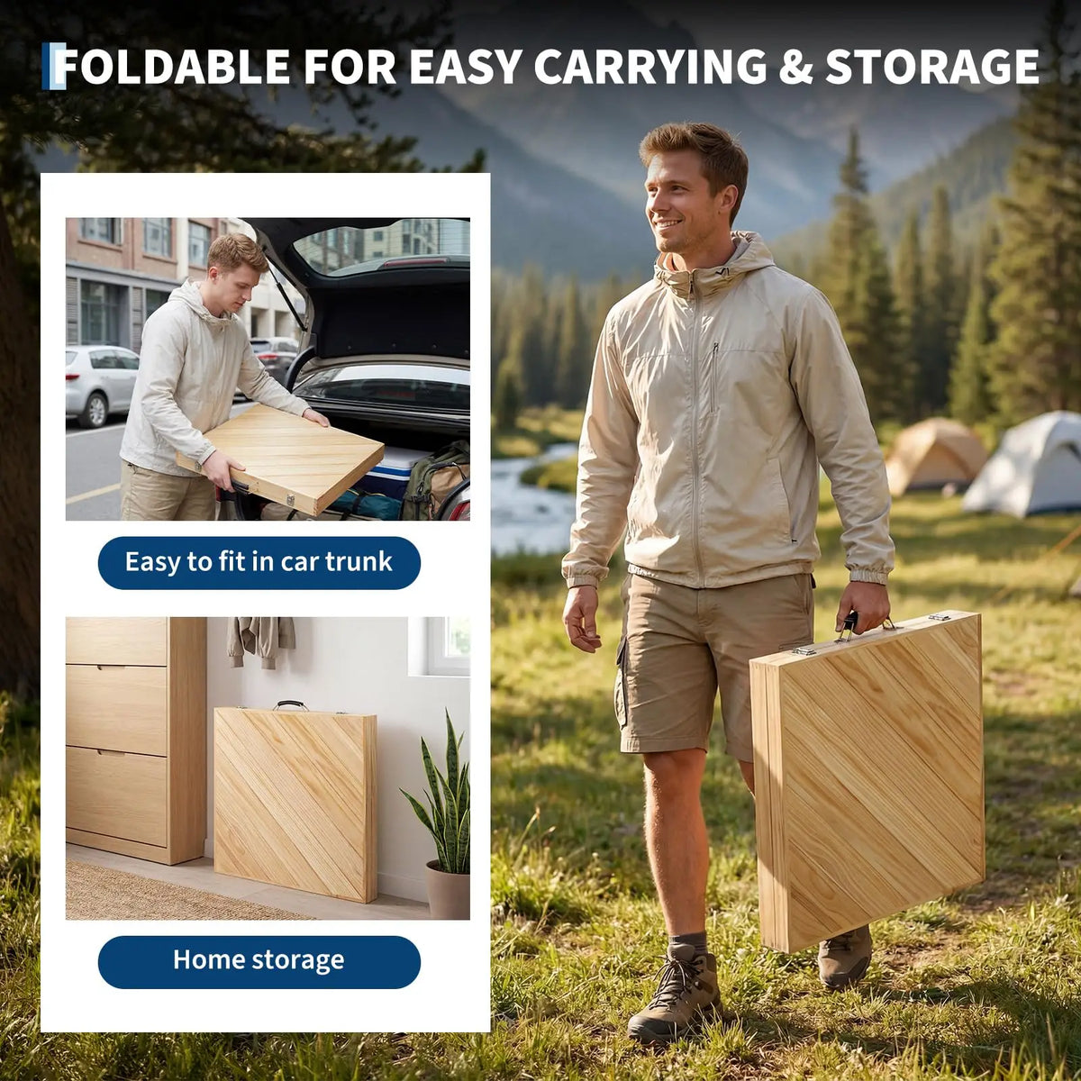 44/60in Solid Wood Folding Picnic Table, Adjustable Height Portable Low Table With Carry Handle, Compact Outdoor Camping