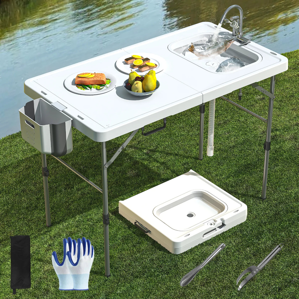 49.8"Folding Fish Cleaning Table with Sink, Portable Camping Sink Station with Faucet, Sprayer, Gloves & Storage Bin, Outdoor Fillet Table for Picnic Beach Patio