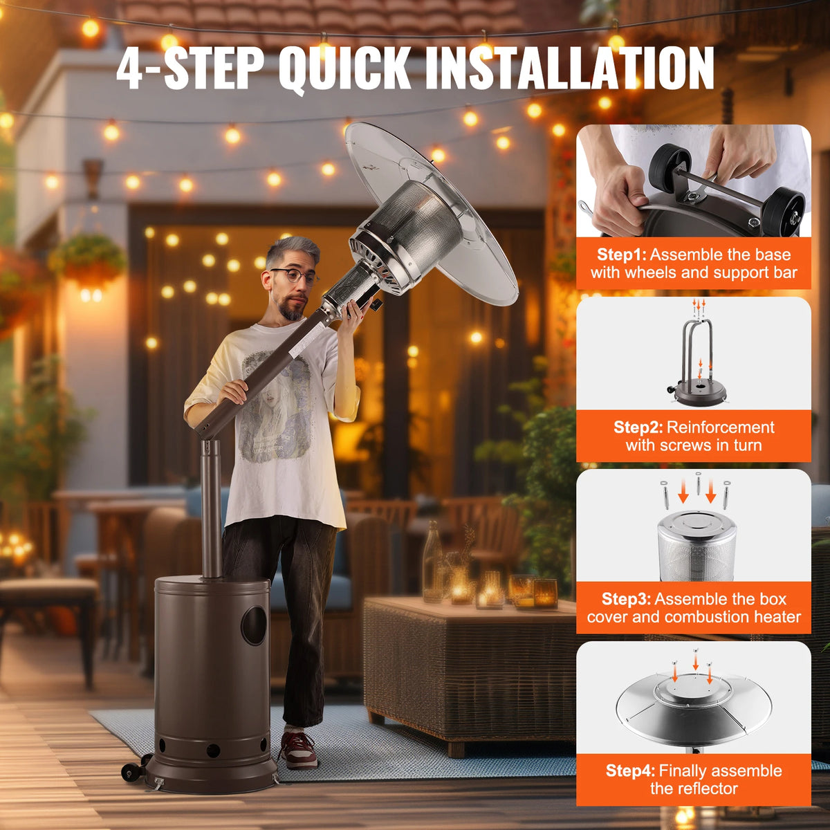 Patio Heater for Outdoor Use Tall Hammered With Round Table Design Metal Burner and Wheels Fixed Flame Heater for Patio