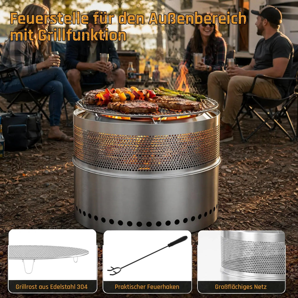 Stainless Steel Fire Pit 50cm, Smokeless Fire Bowl with Grill Grate, Storage Bag, Removable Ash Pan Portable Fire Pit for Garden