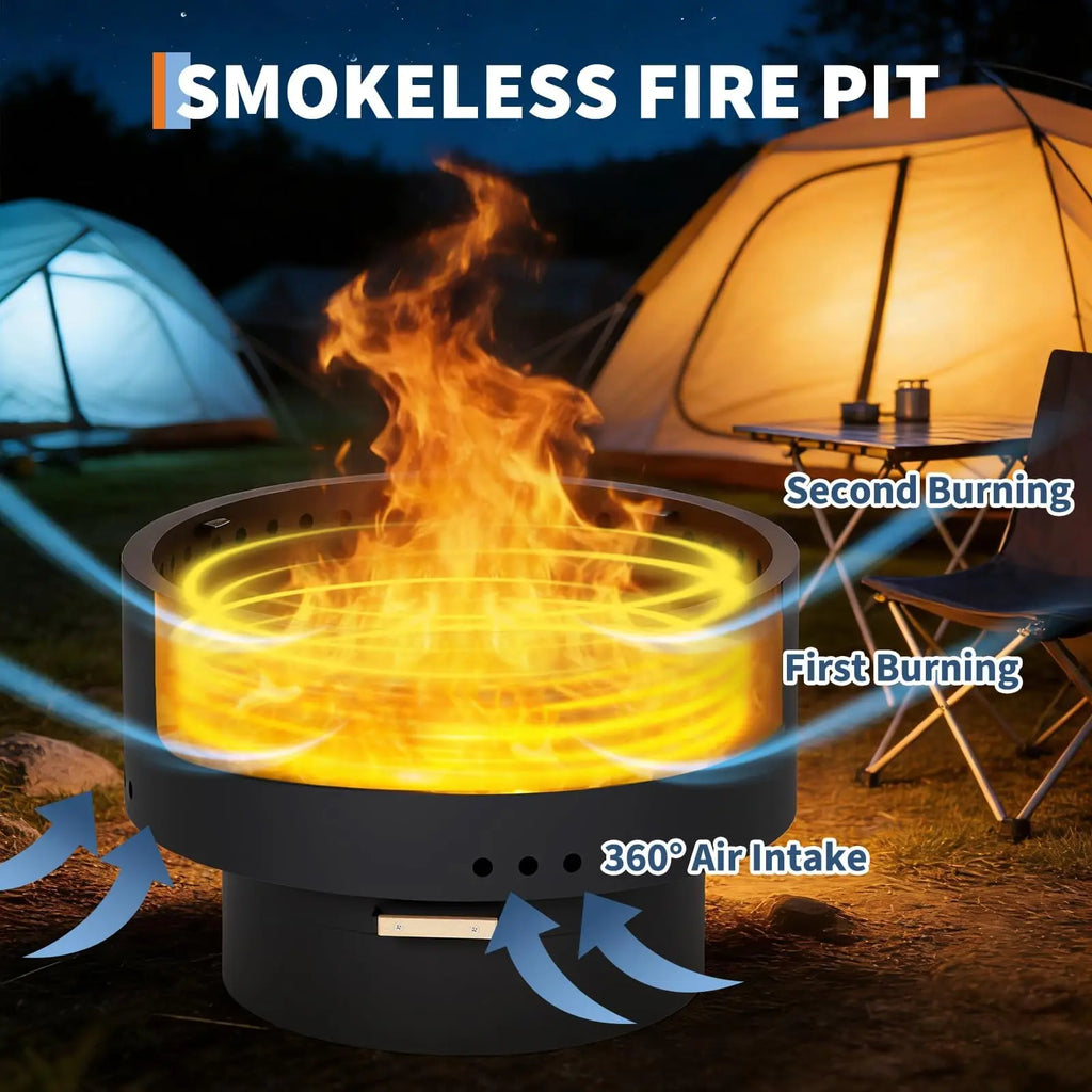 30 Inch Smokeless Fire Pit Table With Bamboo Lid, Removable Ash Pan And Carry Bag, Carbon Steel Outdoor Firepit For Patio Camping
