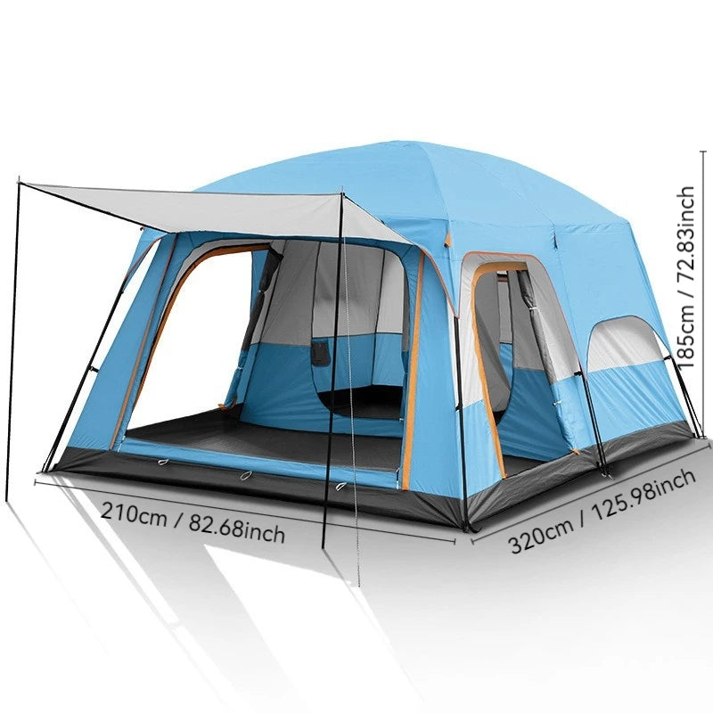 4/8/12-person outdoor family camping tent ; spacious interior ; mesh windows provide ventilation; windproof, waterproof