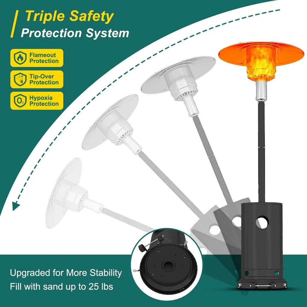 48000 BTU Propane Patio Heater Wind-Resistant Outdoor Heater With Triple Safety Protection Removable Wheels & Round Cover