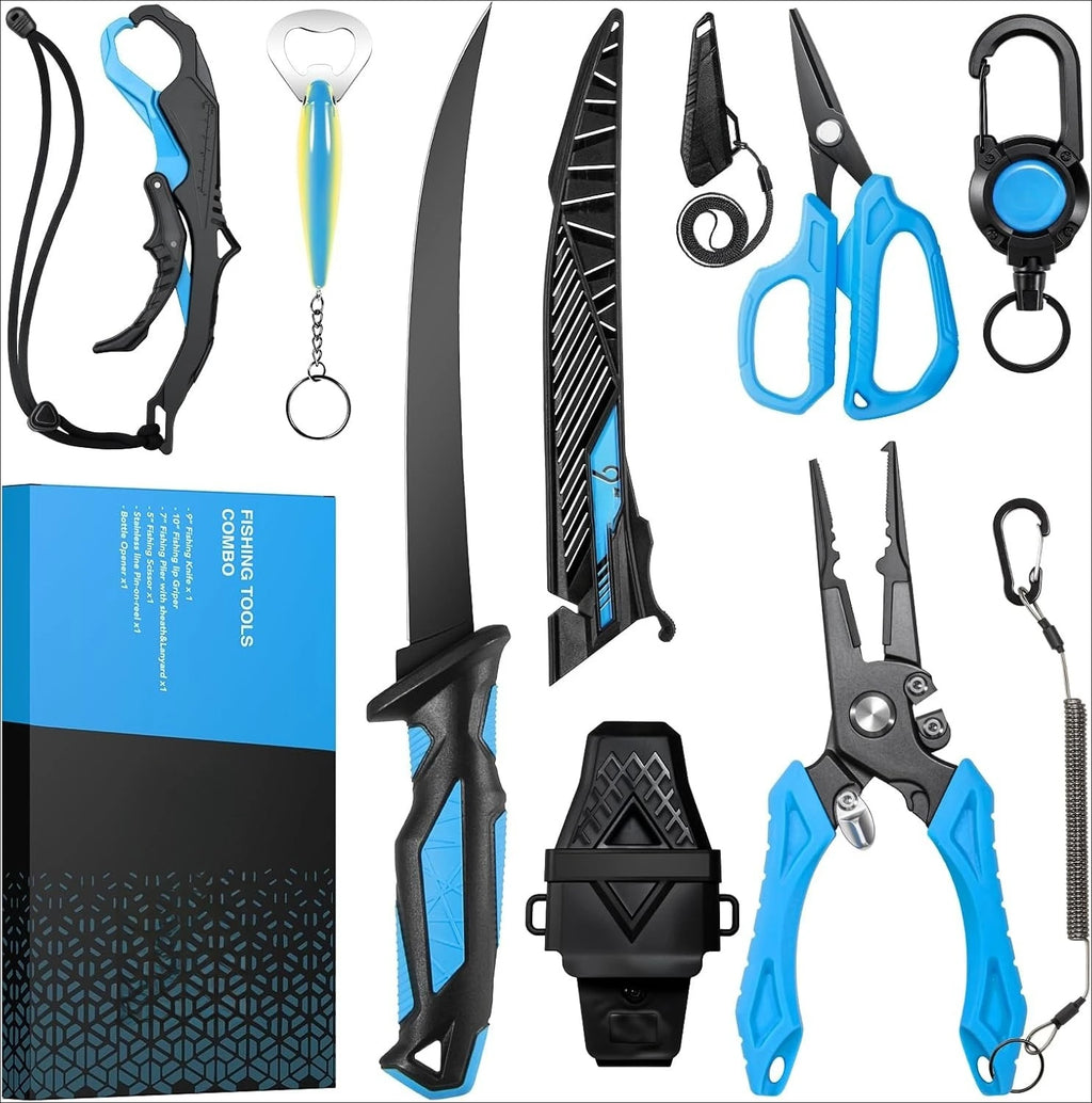 Multi-functional Fishing Tool Set Including Fishing Plier, Fillet Knife, Foldable Fishing Scissors, Fish Lip Gripper For Anglers