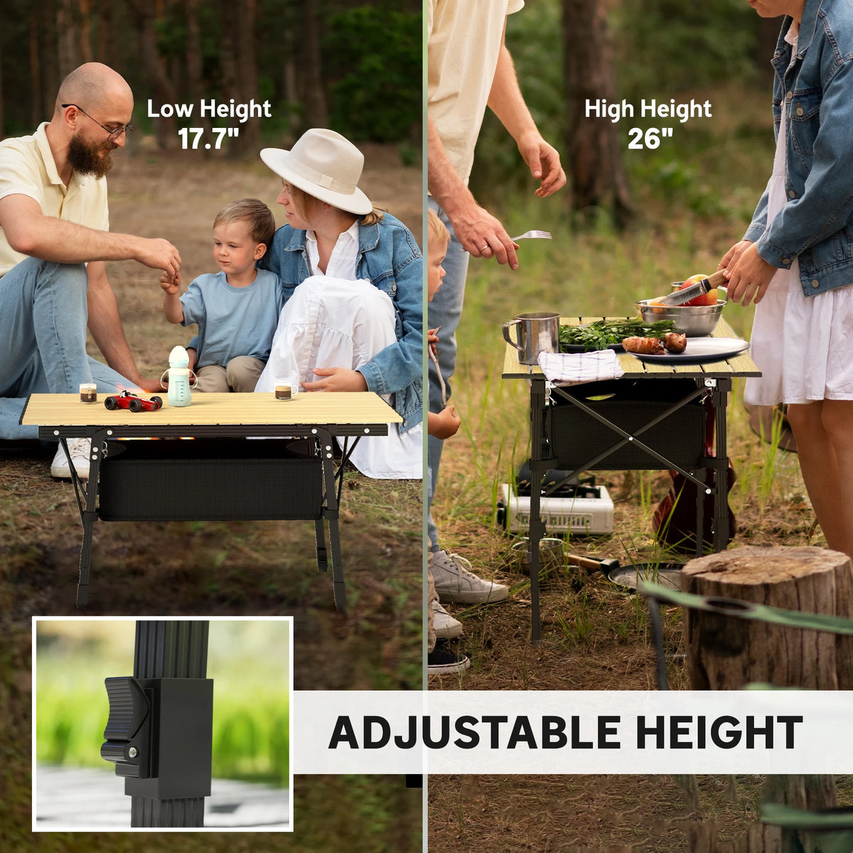 3ft Camping Table, Adjustable Height Small Folding Table, Brown