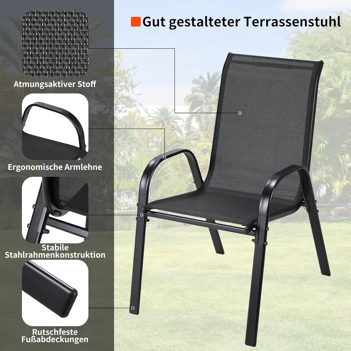4PCS Garden Chairs Steel-iron+Teslin Fabric Folding High Back Balcony Chair Camping Chair Outdoor Seating Group Black