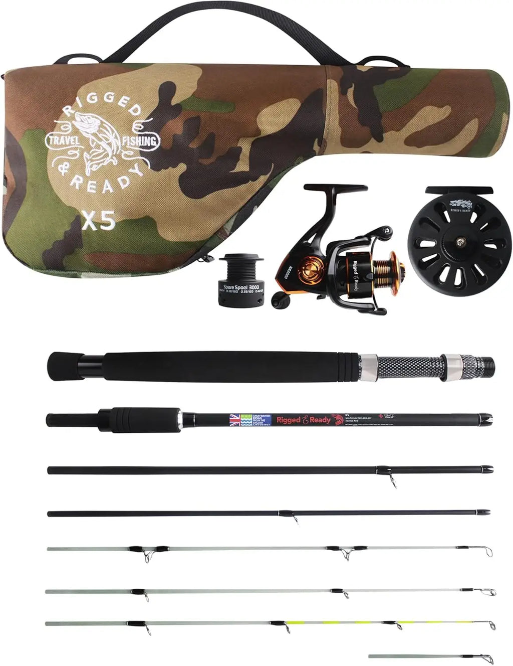 5-in-1 Fishing Rod: Spin, Fly, Fresh & Saltwater, Compact 7'3" Rod with 4 Tips, 2 Reels, Rugged Case
