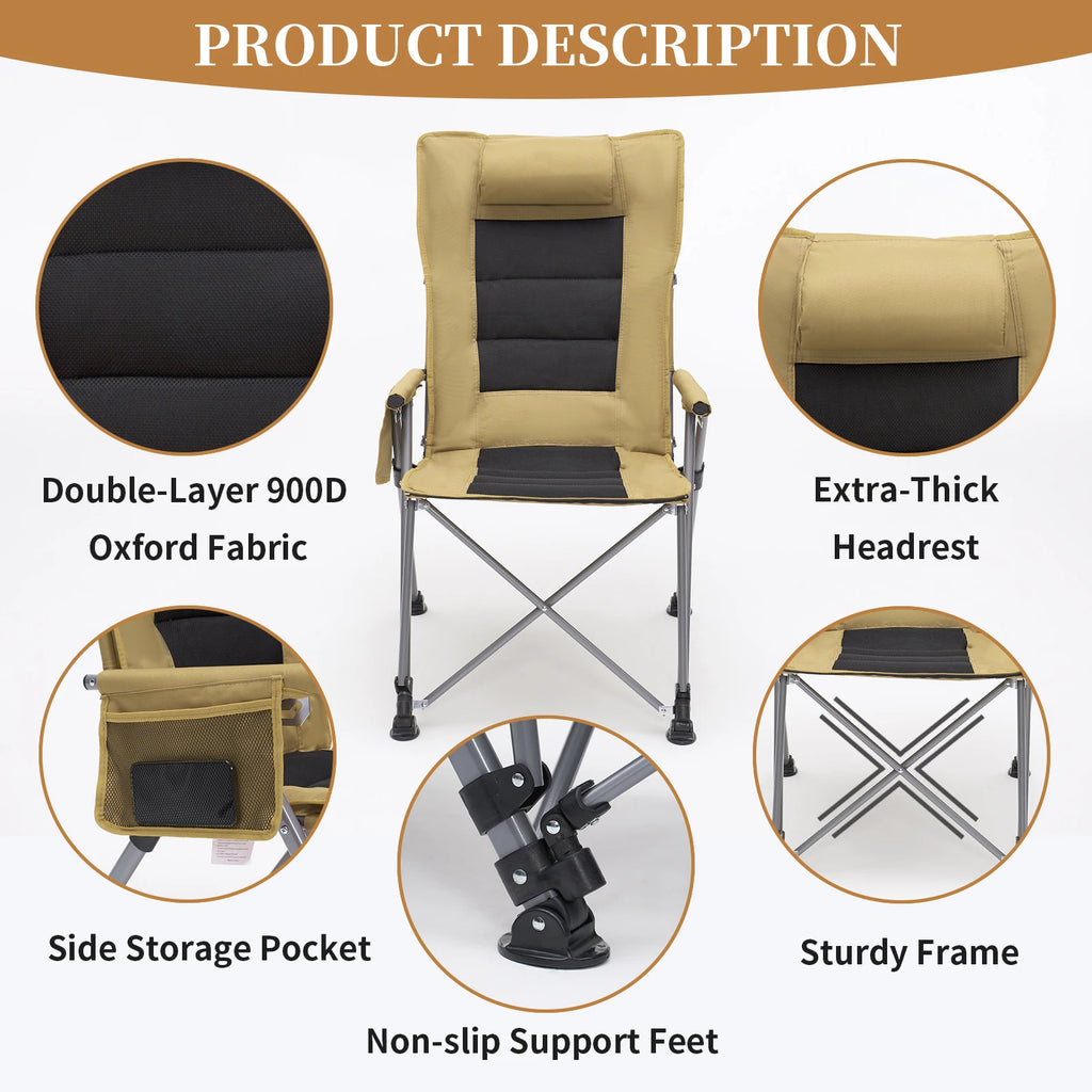 5-Position Adjustable Reclining Camping Chair, Heavy Duty Steel Frame Portable Outdoor Lounge Chair with Side Pocket & Carry Bag
