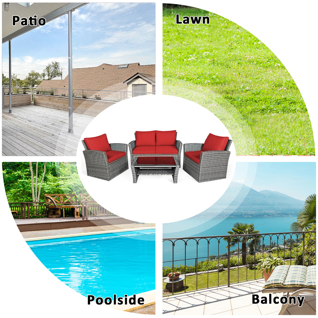 4PCS Patio Rattan Furniture Set Sofa Table Red Cushion