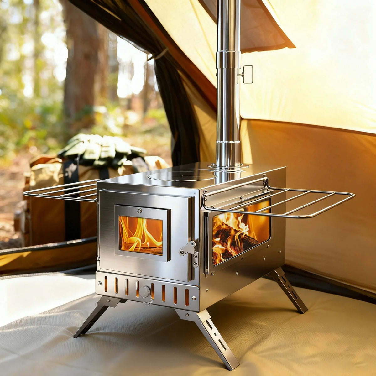 Portable Camping Tent Wood Stove for Outdoor Heating Stainless Steel Stove with 7 Chimney Pipes