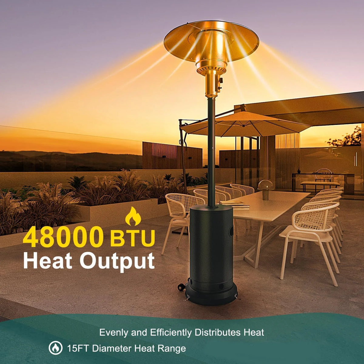 48000 BTU Propane Patio Heater Wind-Resistant Outdoor Heater With Triple Safety Protection Removable Wheels & Round Cover