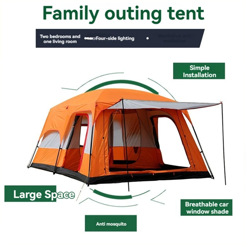 4/8/12-person outdoor family camping tent ; spacious interior ; mesh windows provide ventilation; windproof, waterproof