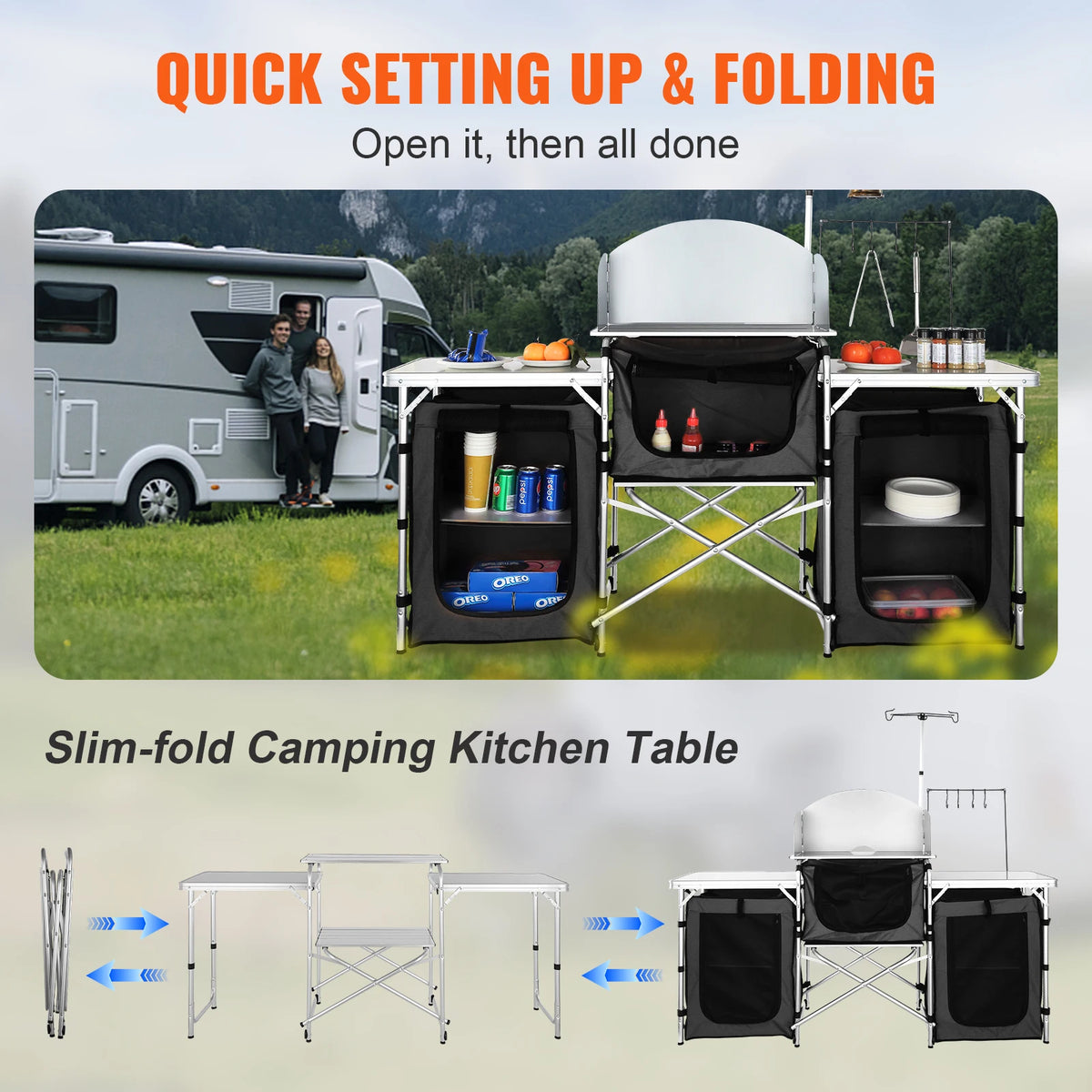 Camping Outdoor Kitchen Table Cabinet Foldable Folding Cooking Storage Rack Aluminum Alloy