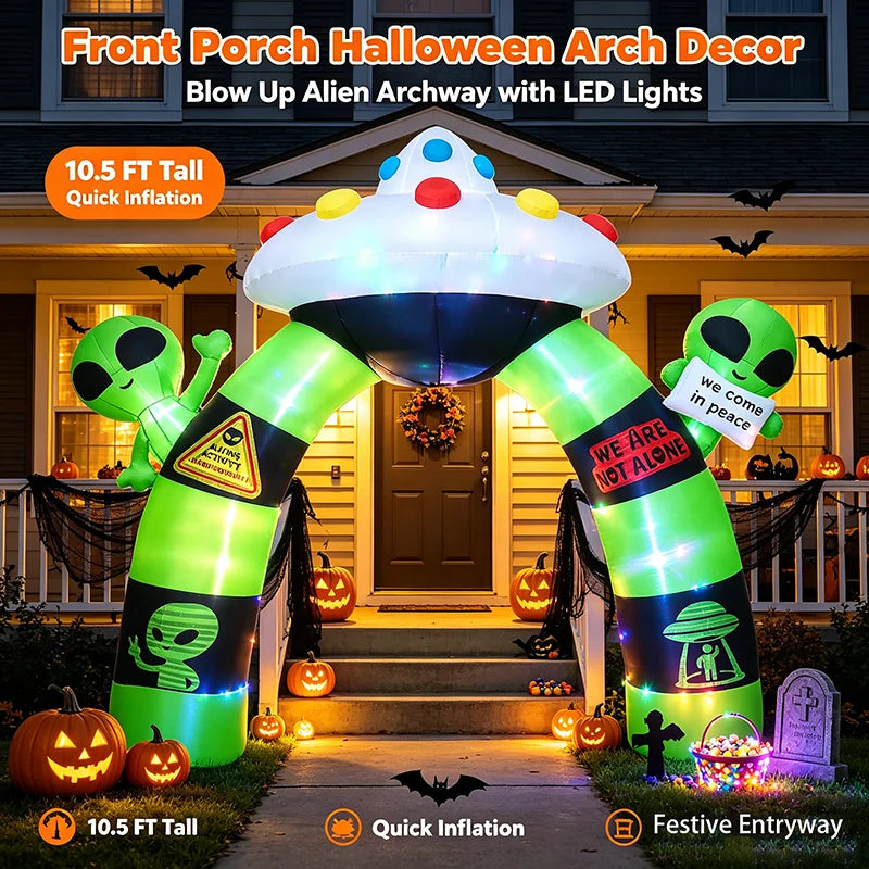 10.5FT Halloween Inflatable Alien Arch Decoration Archway with Built-in LED Lights