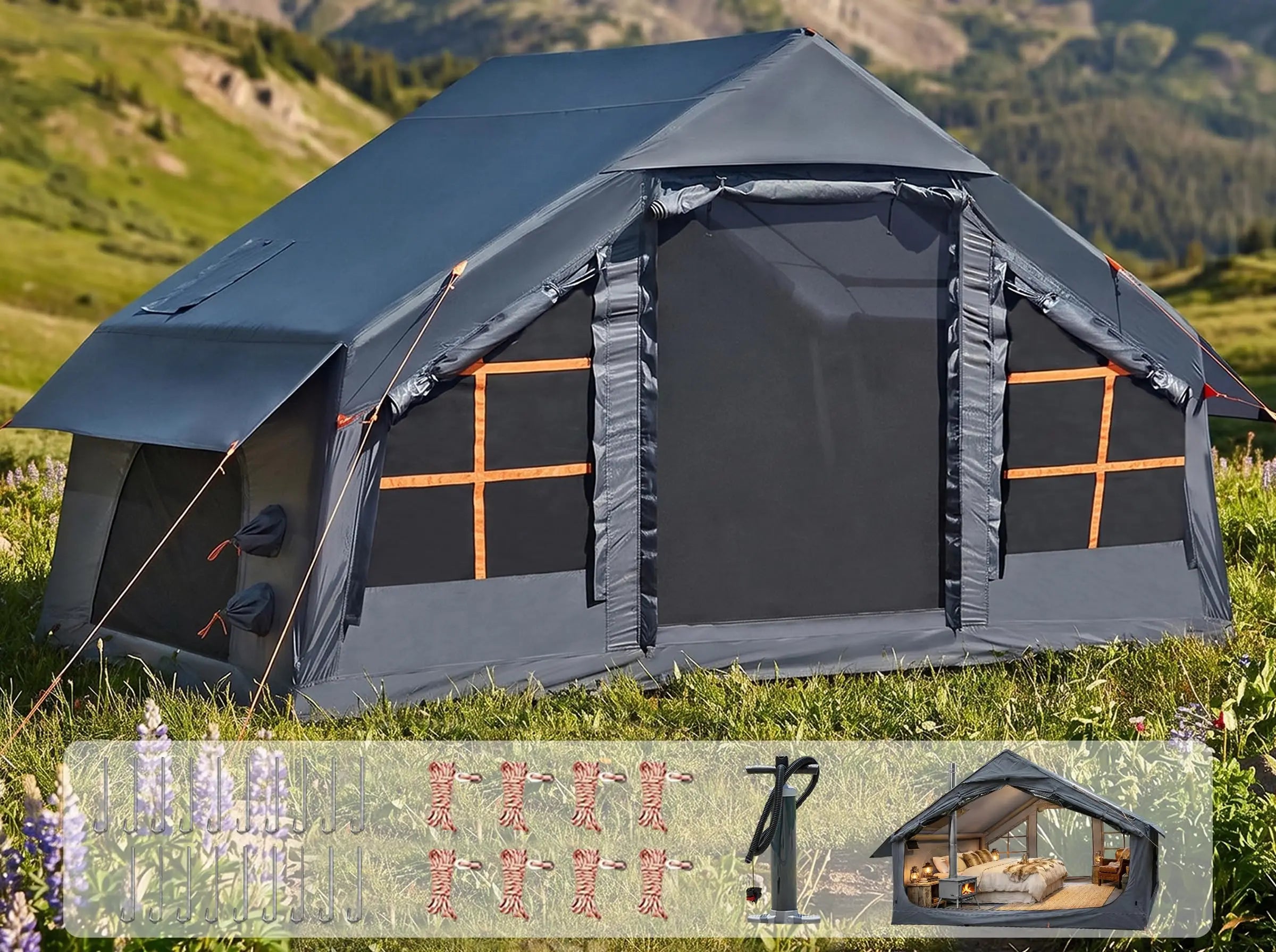 Inflatable Camping Tent With Awning Quick Setup Waterproof Oxford Tent For Adults