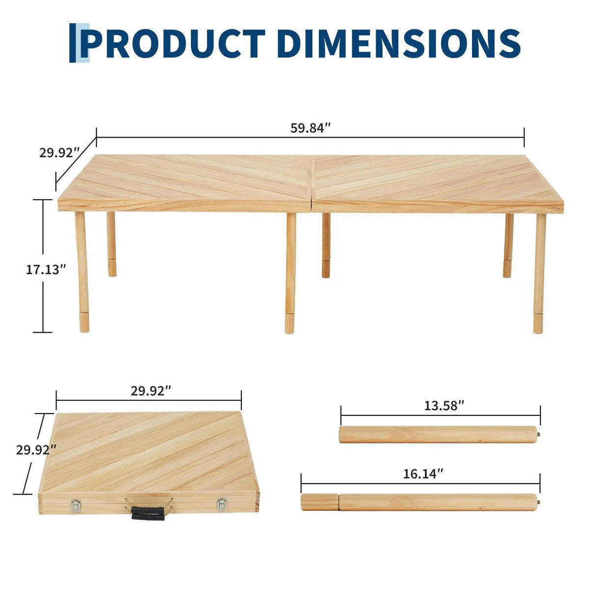 44/60in Solid Wood Folding Picnic Table, Adjustable Height Portable Low Table With Carry Handle, Compact Outdoor Camping