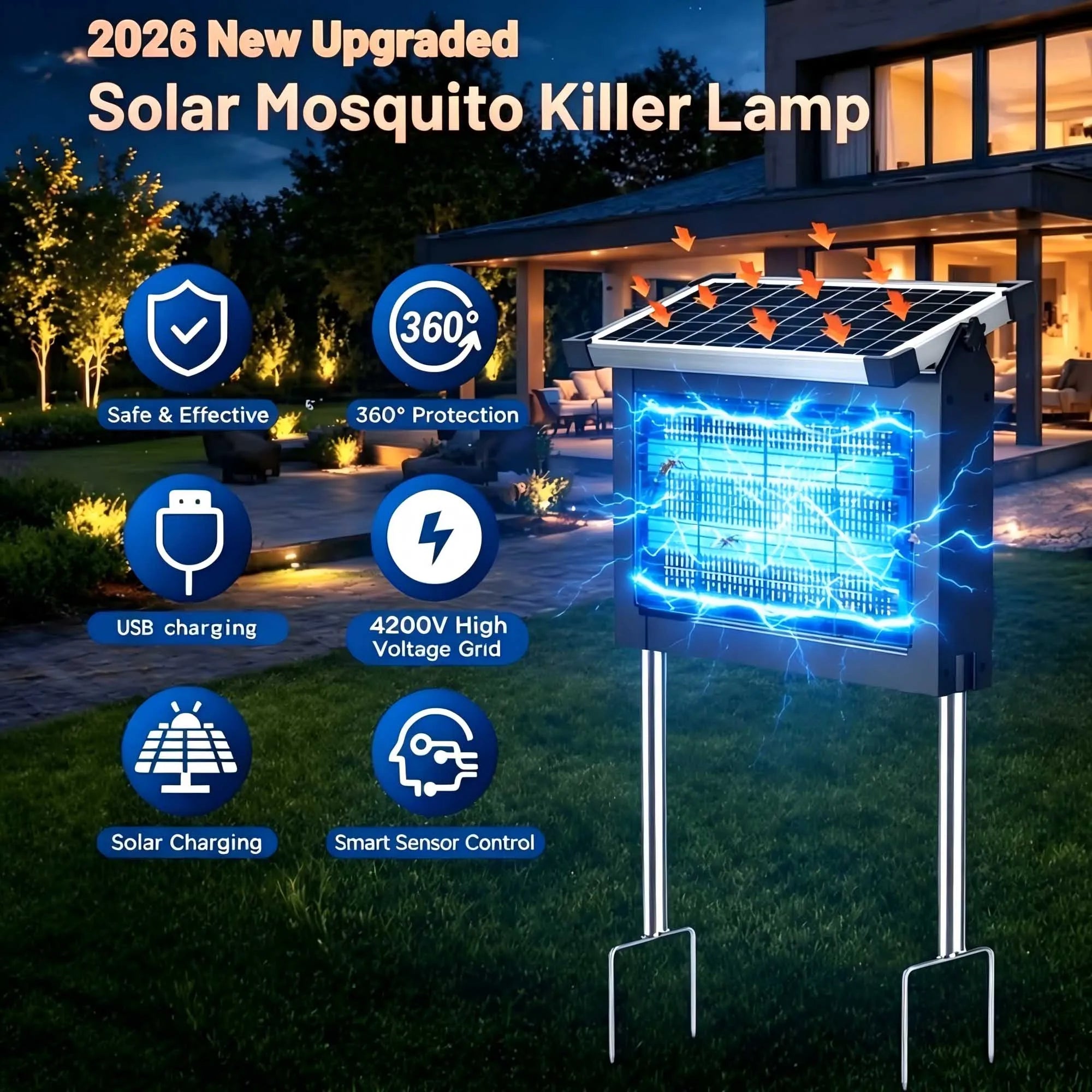 Solar Bug Zapper Outdoor, 4500V Mosquito Zapper with Panel Sensor, Waterproof Patio Camping
