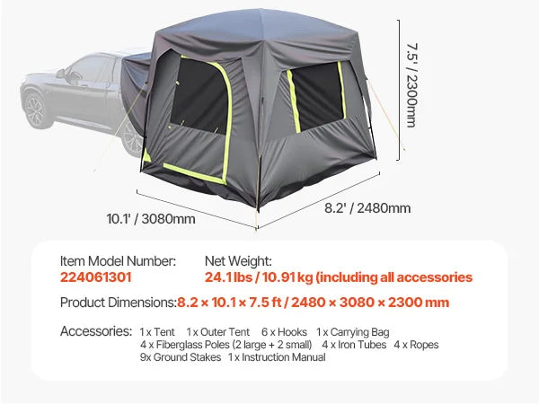 SUV Tent for Camping Waterproof PU2000mm Spacious Double Layer Design with Shade Awning