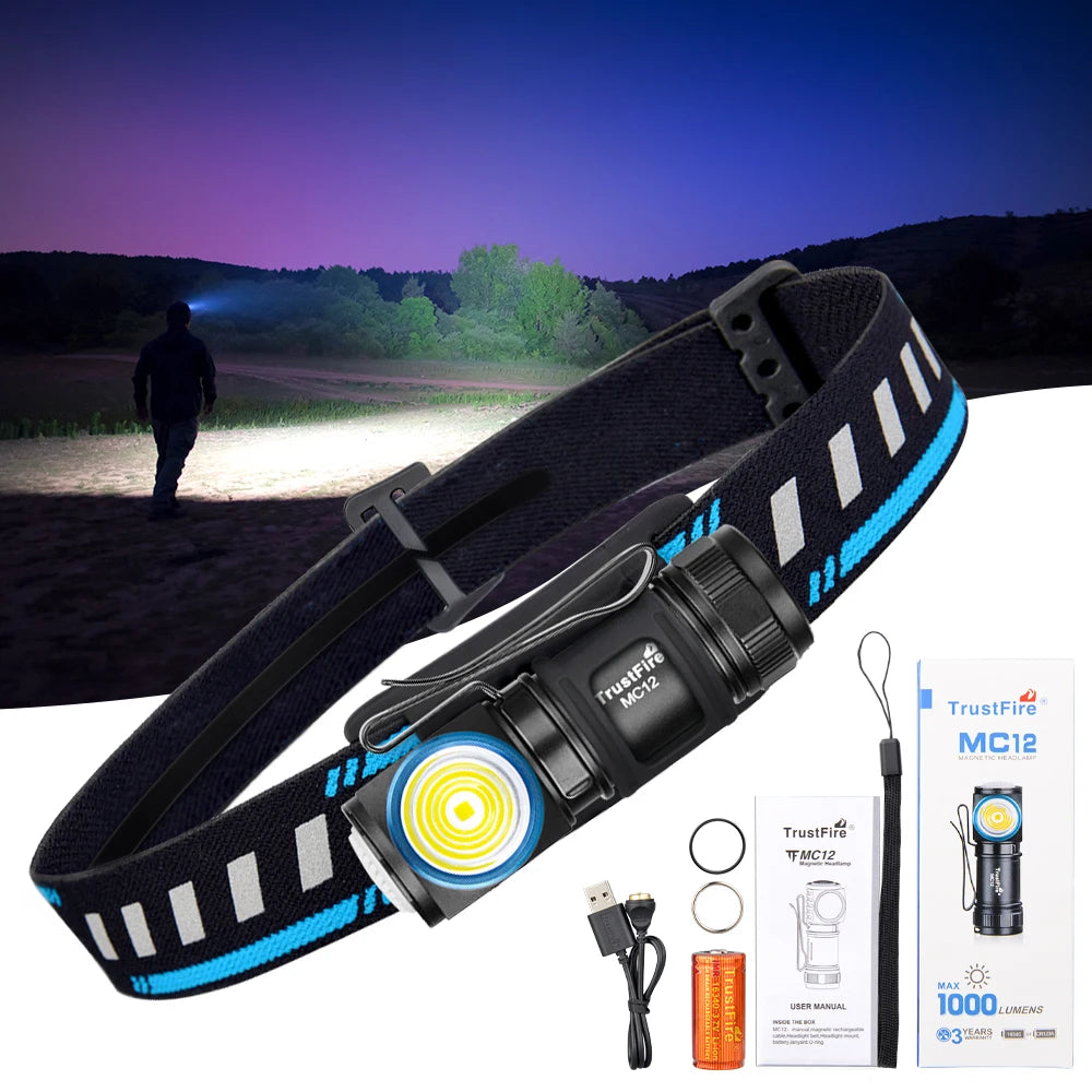 MC12 EDC Powerful LED Headlamp 1000Lumens Magnetic Rechargeable Head Lamp XP-L HI Camping Torch