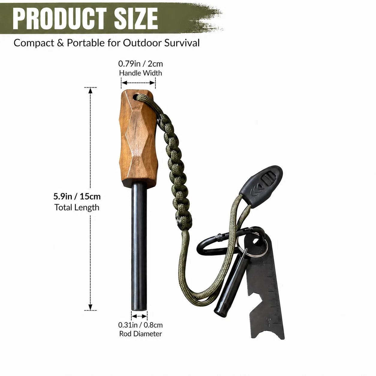4-piece set, wooden handle magnesium ignition stick, multifunctional scraper, hanging rope whistle, waterproof and durable, emergency ignition