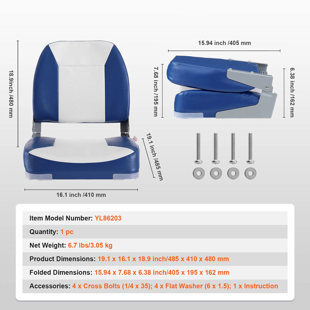 Boat Seat 18.9" Low Back Folding Chair with Thickened Sponge Padding