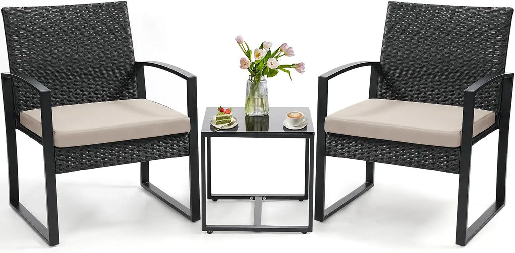 3 Piece Outdoor Wicker Bistro Set Rattan Patio Conversation Set with Coffee Table and Washable Cushions
